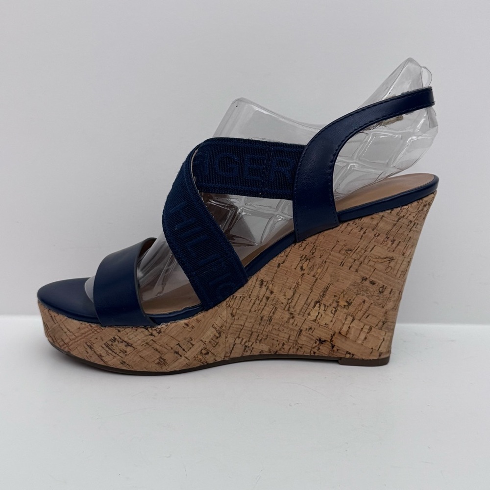 Tommy Hilfiger Woman’s Wedge Sandals Size7.5 Navy Blue Cork Platform Logo Straps - Picture 3 of 13